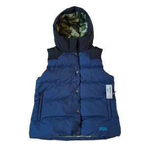 Stio Women M Turnbolt Down Puffer Vest Blue Black Green Camo Hooded NEW 100596